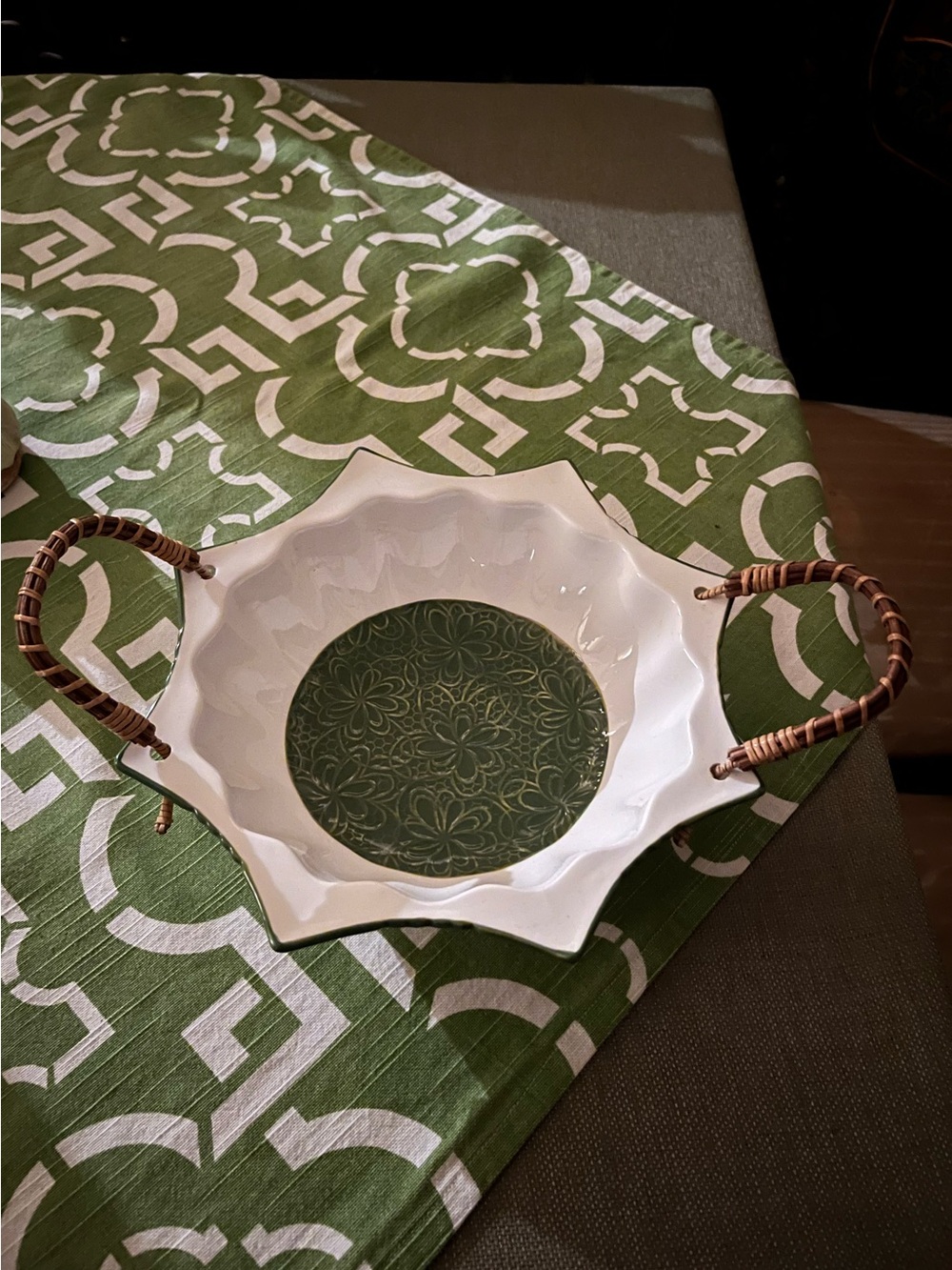 Decorative Ceramic Serve Bowl with Woven Handles - Green & White